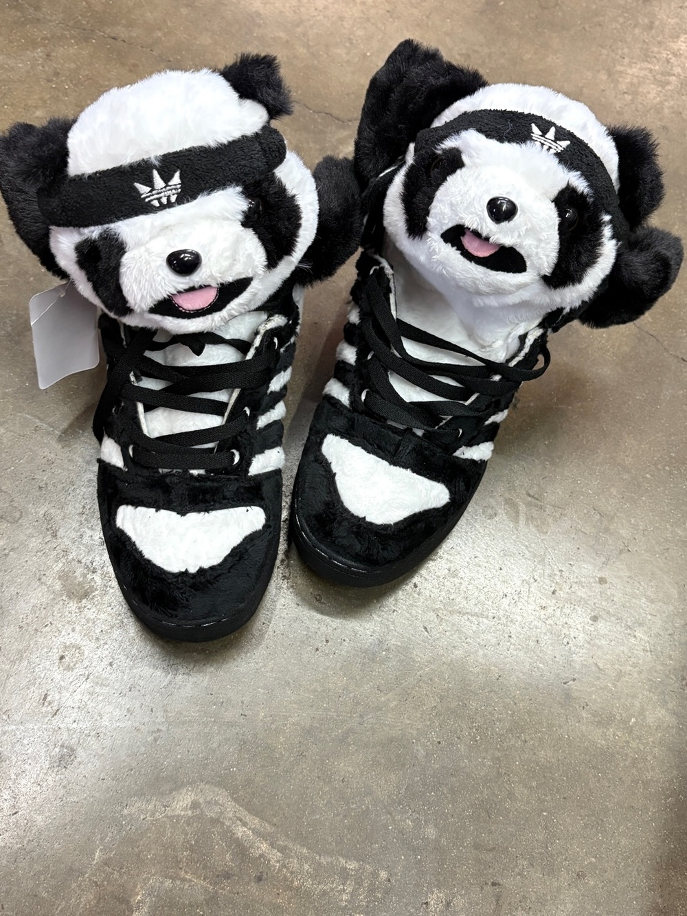 Jeremy Scott x Adidas Black and White Panda Plush Sneakers